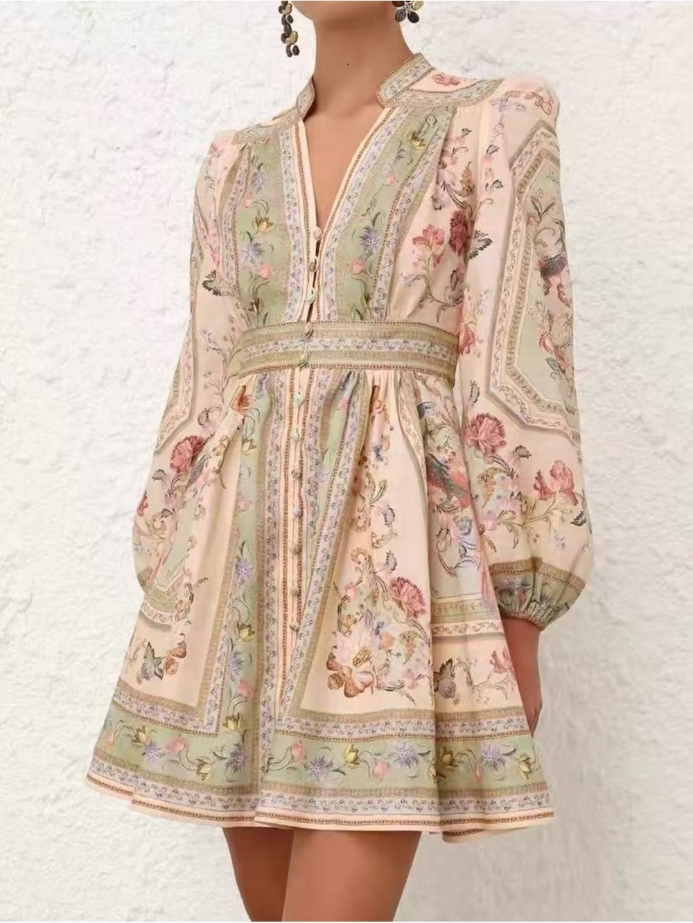 Zimmermann Floral Paisley Long Sleeve Mini Dress in Blush size 0